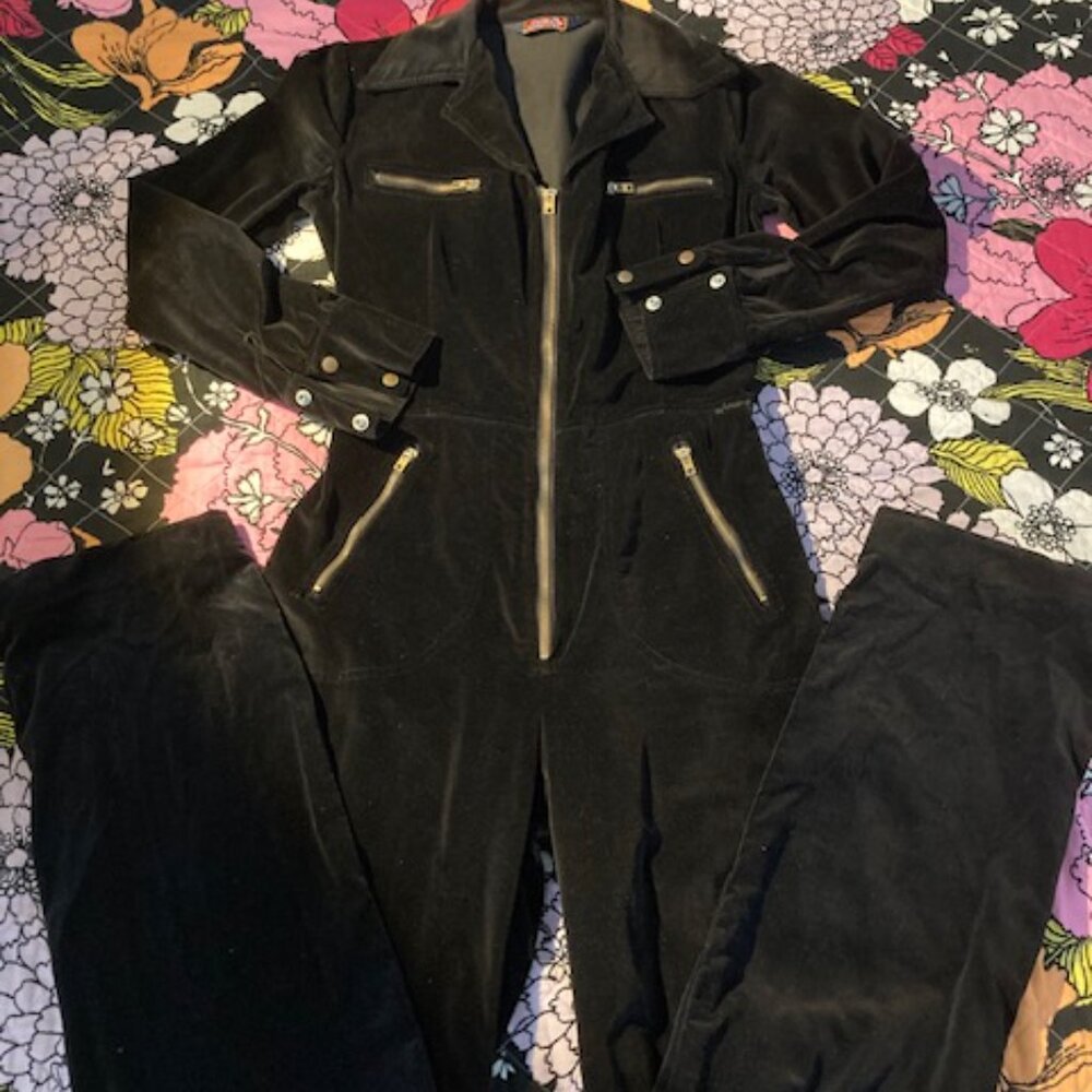 Vintage 1970's black velvet jumpsuit, gold zippers, unisex